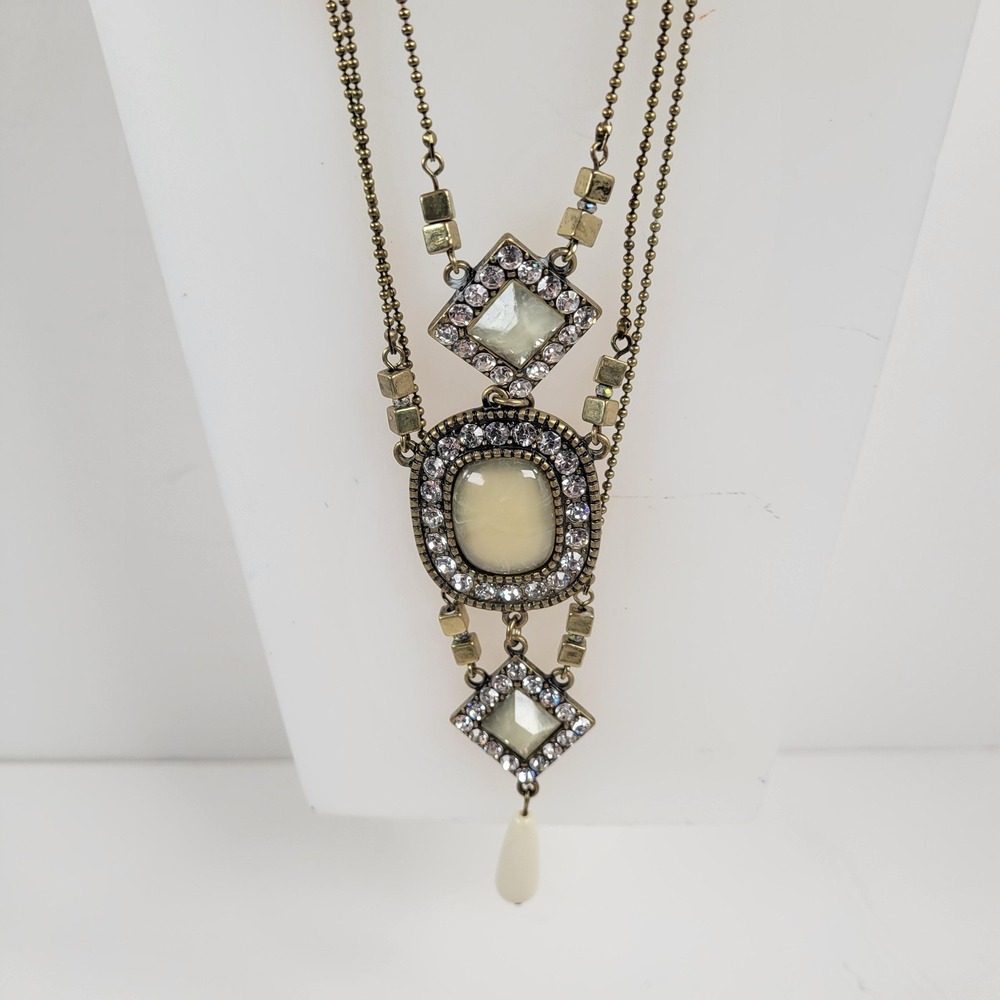 Gold Tone White Glass Rhinestone Pendant Necklace Multi Strand Statement Jewelry